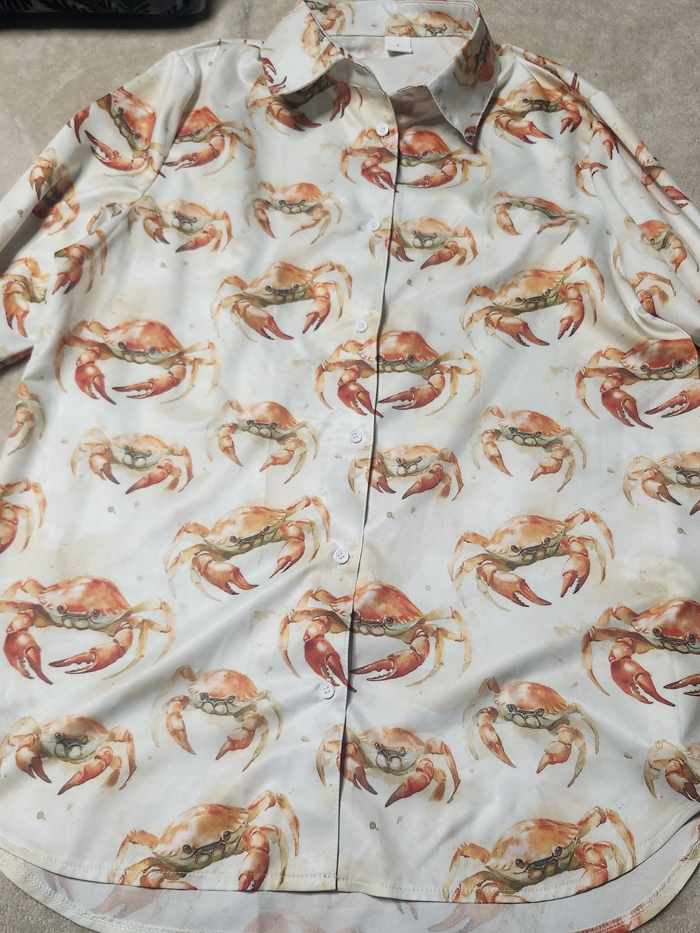 Crab Print Button Up Shirt Cream Watercolor Seafood Novelty Long Sleeve Sz L